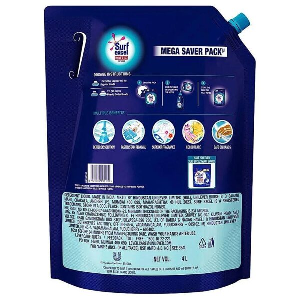 Surf Excel Matic Liquid Detergent Top Load Pouch: 4 L