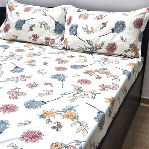 VAA Elasticated Fitted Double Bed Sheet - White (Floral): 186x198 cm